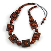 Chunky Square and Round Wood Bead Cotton Cord Necklace ( Brown) - 74cm L