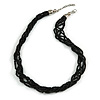 Multistrand Twisted Black Glass Bead Necklace Silver Tone Closure - 48cm L/ 3cm Ext