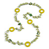 Long Salad Green Pearl, Shell and Resin Ring with Silver Tone Chain Necklace - 104cm Long