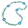 Long Light Blue Pearl, Shell and Resin Ring with Silver Tone Chain Necklace - 104cm Long