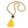 Long Yellow Wood Bead Cotton Tassel Necklace - 90cm L/ 15cm Tassel