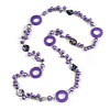 Long Purple Pearl, Shell and Resin Ring with Silver Tone Chain Necklace - 104cm Long