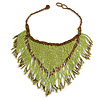 Statement Glass Bead Bib Style/ Fringe Necklace In Lime Green/ Bronze - 40cm Long/ 17cm Front Drop