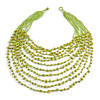 Statement Long Layered Multistrand Glass Bead and Semiprecious Stone Necklace In Lime Green - 86cm Long