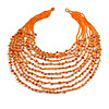 Statement Long Layered Multistrand Glass Bead and Semiprecious Stone Necklace In Orange - 84cm Long