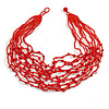 Bright Red Glass Bead/ Semiprecious Stone Multistrand Necklace - 60cm Long