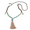 Trendy Turquoise, Sea Shell, Faux Tree Seed, Brown Glass Bead Beige Cotton Tassel Long Necklace - 90cm L/ 12cm Tassel