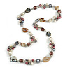 Antique White/ Grey/ Brown Shell and Glass Beads Long Necklace in Silver Tone Metal  - 80cm Long