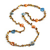 Long Shell Brown Cord Necklace in Antique Yellow/ Orange/ Blue - 104cm L
