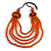Layered Multistrand Orange Wood Bead Black Cord Necklace - 100cm L