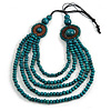 Layered Multistrand Teal Wood Bead Black Cord Necklace - 100cm L