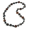 Black Shell, Brown Wood Ring and Black Glass Beads Necklace - 80cm Long