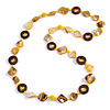 Antique Yellow Shell, Brown Wood Ring and Banana Yellow Glass Beads Necklace - 80cm Long
