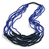 Statement Dark Blue Wood and Inky Blue Glass Bead Multistrand Necklace - 76cm L
