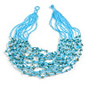 Light Blue Glass Bead/ Turquoise Stone Multistrand Necklace - 60cm Long