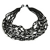 Black Glass Bead/ Semiprecious Stone Multistrand Necklace - 60cm Long