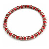 Red Acrylic Bead and Metal Ring Stretch Necklace In Silver Tone - 38cm L