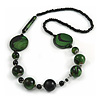 Stylish Animal Print Wooden Bead Necklace (Green/ Black) - 80cm Long