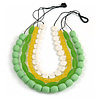 4 Strand Layered Resin Bead Black Cord Necklace In Mint Green/ Lemon Yellow/ White - 66cm L