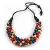 Chunky Natural/ Red/ Teal Wood Bead Black Cotton Cord Necklace - 68cm Length
