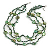 3 Strand Green/ Black Glass, Shell Bead and Semiprecious Stone Necklace - 66cm Length