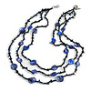 3 Strand Purple Blue/ Black Glass, Shell Bead and Semiprecious Stone Necklace - 68cm Length