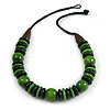 Chunky Beaded Cotton Cord Necklace (Black & Green) - 64cm L