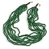 Multistrand Layered Grass Green Wood, Brown Acrylic Bead Necklace - 74cm L/ 5cm Ext