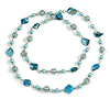 Long Glass and Shell Bead with Silver Tone Metal Wire Element Necklace In Light Blue - 120cm L