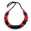Statement Chunky Red/ Black Wood Bead with Black Cotton Cord Necklace - 60cm L
