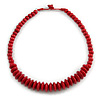 Cherry Red Button, Round Wood Bead Wire Necklace - 46cm L