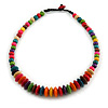 Multicoloured Button, Round Wood Bead Wire Necklace - 46cm L
