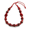 Red/ Black Wood Bead Cotton Cord Necklace - 80cm Max Length - Adjustable
