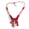Tribal Wood/ Ceramic Bead Cotton Cord Necklace in Deep Pink/ Pastel Pink - 60cm Long/ 10cm Long Front Drop
