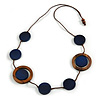 Long Dark Blue/ Brown Round Bead Cotton Cord Necklace - 86cm Long - Adjustable
