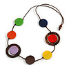 Multicoloured Coin Wood Bead Cotton Cord Necklace - 88cm Long - Adjustable