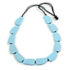 Pastel Blue Geometric Wood Bead Black Cotton Cord Long Necklace - 100cm L/ Adjustable