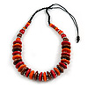 Brown/ Red/ Orange Wood Button/ Round Bead Black Cotton Cord Necklace - 80cm Max Lenght - Adjustable