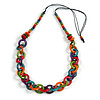 Multicoloured Wooden Ring and Bead Cotton Cord Long Necklace - 90cm L/ Adjustable