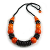 Orange/ Black Wood Bead Black Cord Necklace - 64cm L