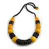 Yellow/ Black Wood Bead Black Cord Necklace - 64cm L