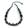 Dark Blue Wood Bead Grass Green Cotton Cord Necklace - 80cm Max Length - Adjustable
