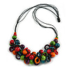 Multicoloured Wooden Round Bead and Ring Cotton Cord Long Necklace - 80cm Max/ Adjustable
