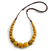 Dusty Yellow Ceramic Bead Brown Silk Cords Necklace - Adjustable - 60cm to 70cm Long