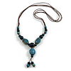 Teal/ Blue Oval/ Round Ceramic Bead Tassel Necklace with Brown Silk Cord/ 70-80cmL/ Adjustable