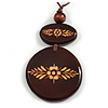 Long Cotton Cord Wooden Pendant with Floral Motif In Dark Brown - 76cm L