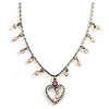 Vintage Inspired Crystal Open Heart Pendant With Pewter Tone Beaded Chain - 38cm L/ 6cm Ext