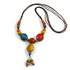 Multicoloured Oval/ Round Ceramic Bead Tassel Necklace with Brown Silk Cord/ 70-80cmL/ Adjustable