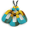 O-Shape Yellow/ Turquoise Painted Wood Pendant with Black Cotton Cord - 90cm L/ 8cm Pendant