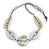 Long Geometric White Washed Wood Bead Black Cord Necklace - 90cm Max/ Adjustable